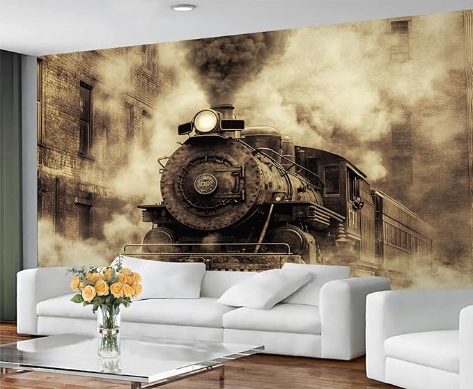 Vintage Steam Train Wall Mural, Industrial Train Engine 3D Wall Murals, Retro Railway Steam Engine Wallpaper Mural, for Living Room Bedroom Large Wallpaper Indoor Decor 78.7" W x55.1 H