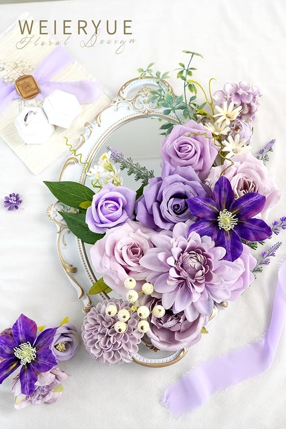 Purple Artificial Flowers Combo Box Wedding Decor,Fake Flowers,Flowers for Decoration,Silk Flowers for Home Decor Indoor,Cake Flowers,Faux Flowers for Crafts