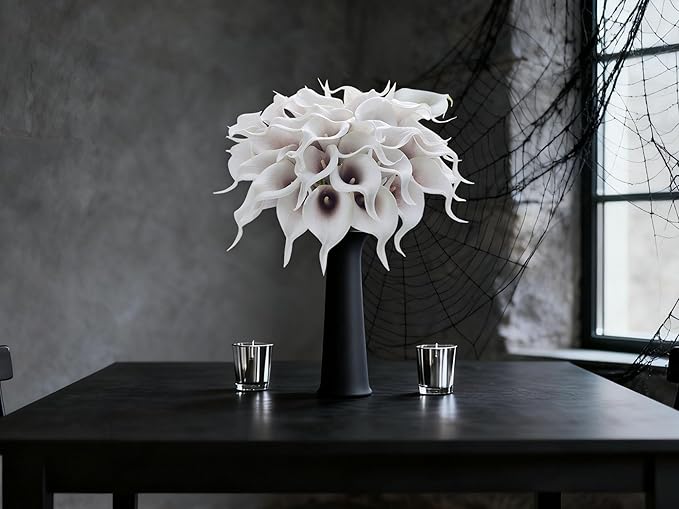 24 Pcs Artificial Calla Lily Flowers Fake Silk Flowers Real Touch for Wedding Bouquet Office Goth Home Kitchen Decor (White Black)