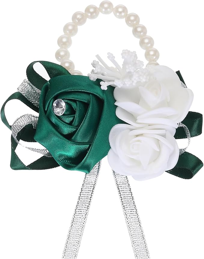 MECCANIXITY Wrist Corsage Artificial Flower Bracelets Rose Wrist Bride Groom Decorative for Wedding Ceremony Prom Party Anniversary Dark Green