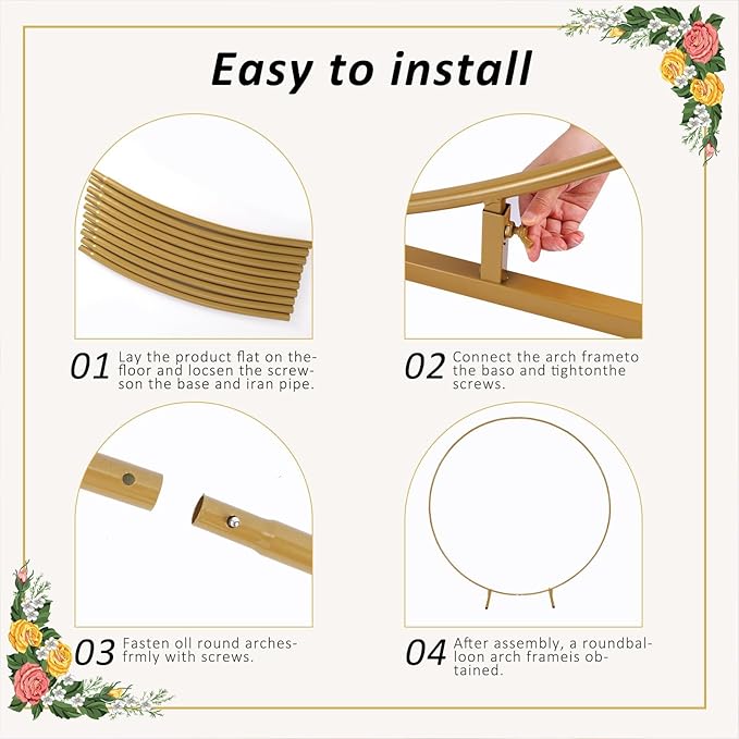 7.2Ft Round Balloon Arch Stand Kit Wedding Arches for Ceremony Circle Backdrop Stand for Parties Wedding Birthday Decoration with Two Water Bags (7.2FT Gold)