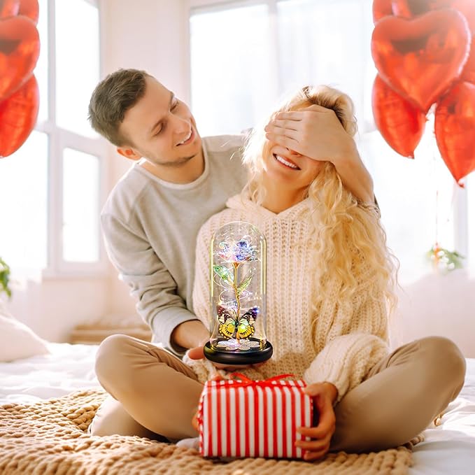 Christmas Rose Gifts for Women, Womens Gift for Christmas Birthday Gift Galaxy Glass Rose Forever Eternal Crystal Flower Light Up Roses in Glass Dome Butterfly Xmas Gifts for Mom Grandma Wife Colorful