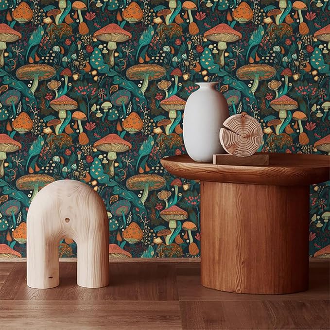 Dark Green/Brown/Teal Blue Mystical Forest Mushroom Peel and Stick Wallpaper Easy Peel Off Contact Paper Stick on Adhesive Wall Paper for Bathroom Waterproof Renter Friendly
