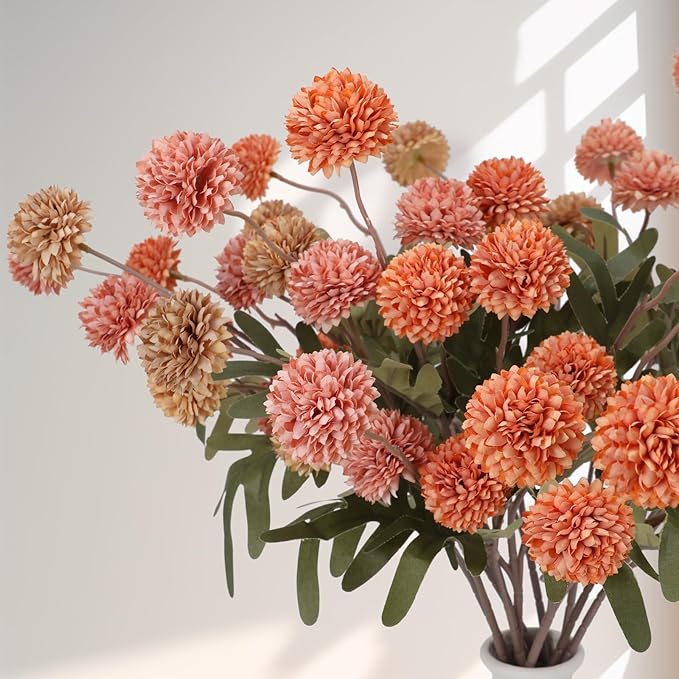 Geegoods 10 Stems Silk Pompon Mum Artificial Flowers with 2 Eucalyptus – 21’’ Long Stem Faux Chrysanthemums for Vase Arrangements, Rustic Farmhouse Fall Centerpieces & Autumn Décor