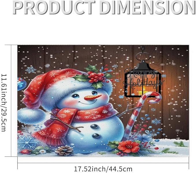 Christmas Art Snowman Snowflake Placemats Set of 4 PVC Vinyl Non Slip Table Mats Heat Resistant Place Mats Washable Wipeable Dining Table Mat for Kitchen Decor Party Indoor Outdoor Decorative Gift