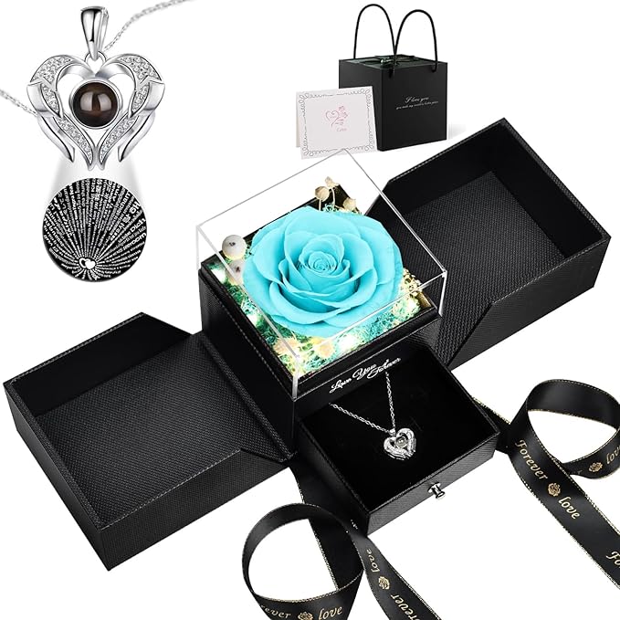 FIACO Gifts for Women Preserved Real Roses with I Love You Necklace Fresh Forever Flowers Birthday Gifts for Mom Grandma Wife Girlfriend on Anniversary Christmas Valentines Romantic Gift