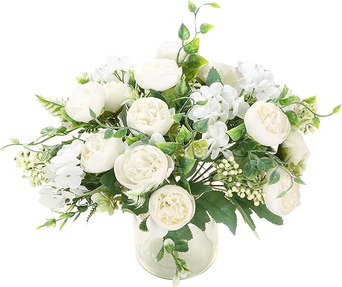 Artificial Flowers Fake Peony Silk Mini Plastic Bridal Flowers for DIY Wedding Bouquets Home Decorations 2 Packs(Cream)