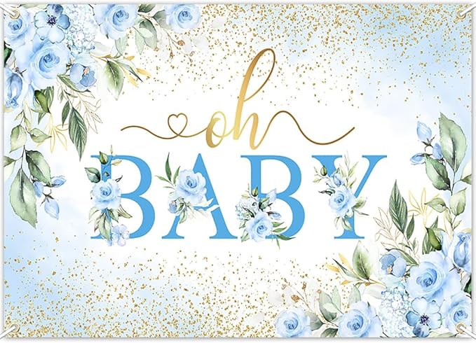 Mocsicka Oh Baby Backdrop Blue Floral Baby Shower Banner for Boys Party Decorations Photo Booth Props (Blue, 8x6ft)