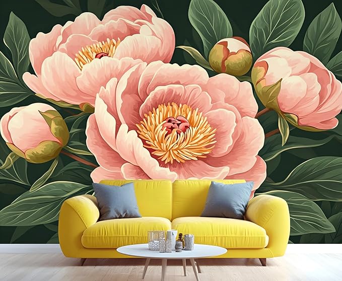 KIREUPA Peony Flower Wall Mural, Retro Pink Peony Flower 3d Wall Murals, Romantic Garden Theme Wallpaper Mural, for Living Room Bedroom Large Wallpaper Indoor Decor 59" W x39.4 H