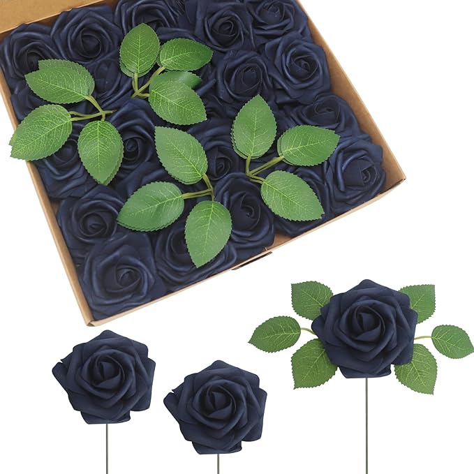 JOYLEX 100Pcs Navy Blue Artificial Flowers Realistic Roses, Real Looking Fake Roses with Stem for DIY Wedding Bouquets Centerpieces Party Home Romantic Decorations (Navy Blue, 100pcs)