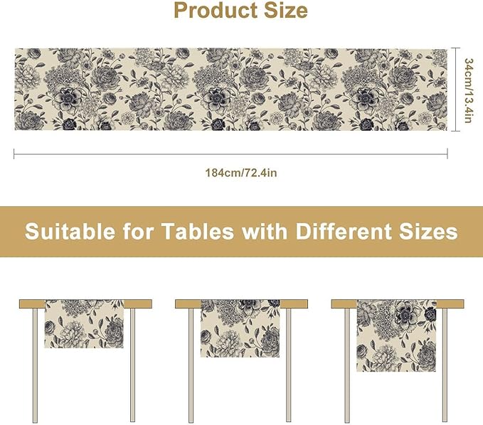 Black White Flower Table Runner,Vintage Wildflower Decor Table Runner for Home Kitchen Table Dining Indoor Outdoor Party Decor 13x120 Inch