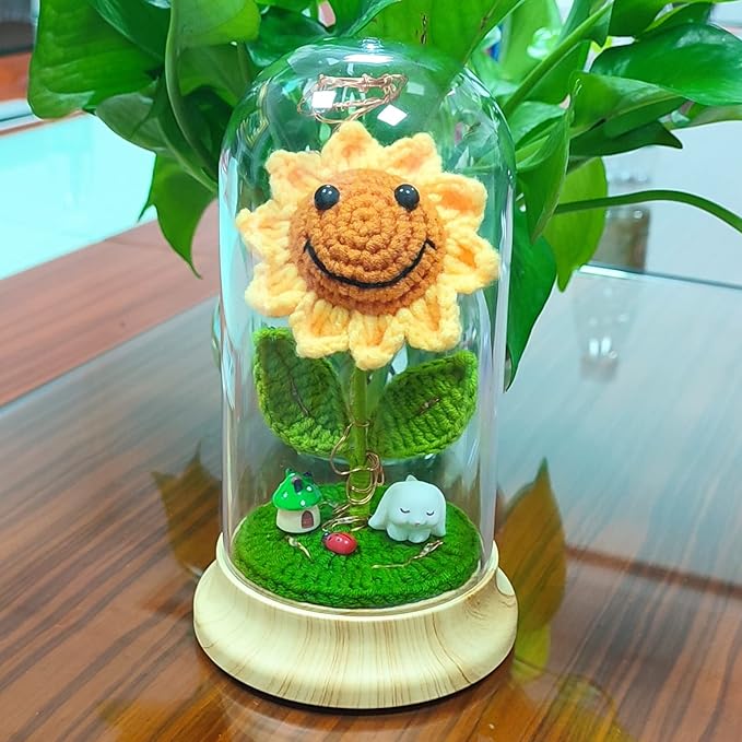Eternal Sunflower Gifts for Women, Crochet Artificial Sun Flower Decor in Plastic Dome with Led, for Her Mom Mothers Day Birthday Anniversary Christmas Valentine Gifts (Yellow)