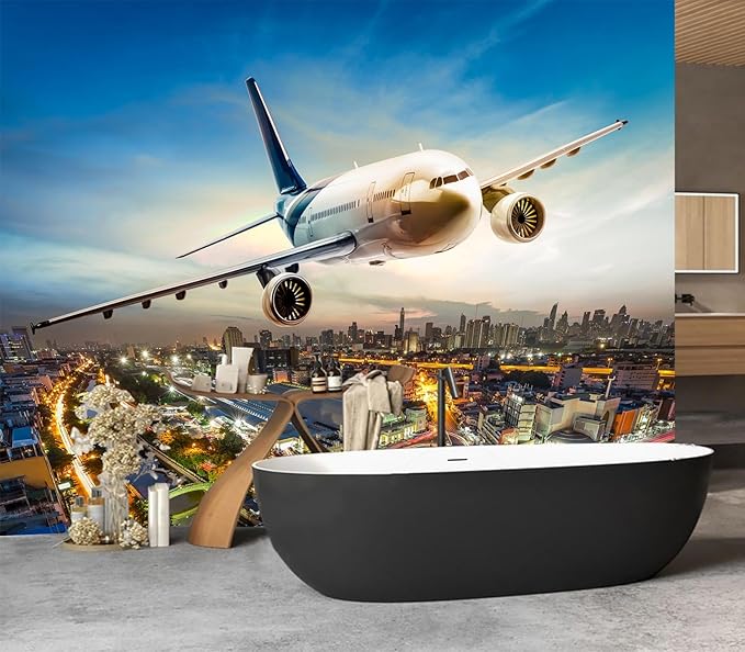 Cliouar-Airplane Flying Over The Night City Wall Mural Wallpaper Peel and Stick 90" x 67"