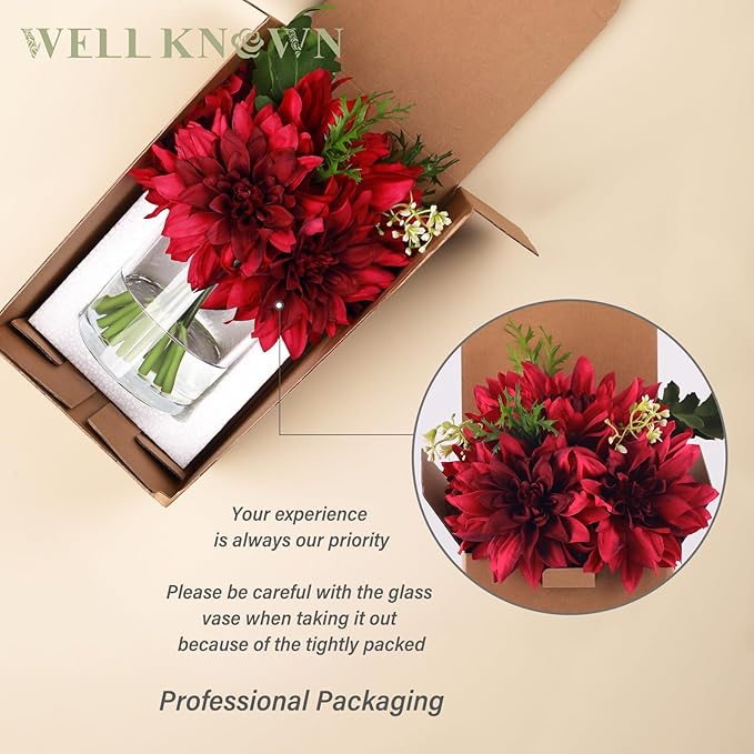 WELL KNOWN Dahlia Artificial Flowers in Vase, Silk Faux Flower Arrangements in Vase with Faux Water for Dining Table Centerpieces, Home Decor, Thanksgiving Christmas Greeting Gift (Fuchsia Red)
