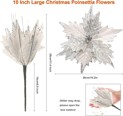 10'' Large Christmas Glitter Poinsettia Flowers Decorations, stadeco 10 Pcs Christmas Tree Picks Ornaments Artificial Flowers with Long Stems for Xmas Tree Wreath Garland Wedding Party DIY Decor