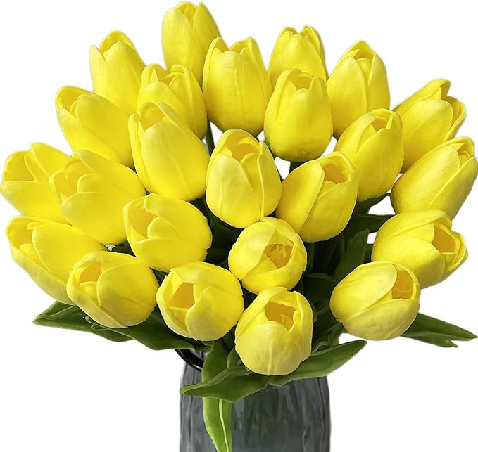 UKELER 24 Pcs Yellow Flowers Floral Artificial Tulip Flowers for Home Decorations Centerpieces Arrangement Wedding Bouquet