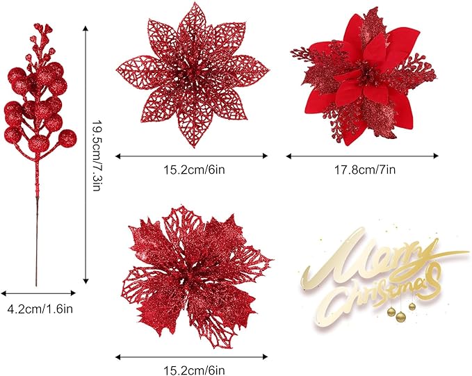 RECUTMS 66 Pcs 3 Styles Red Christmas Ornaments Christmas Glitter Poinsettia Flowers Artificial Christmas Tree Flower Decorations Wedding Wreath Floral Decorations (Red)