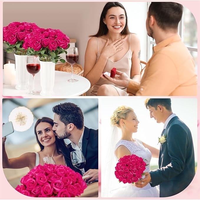 80 Pcs Roses Artificial Flowers, Silk Hot Pink Artificial Flowers Petals Long Stem Roses for Wedding Bouquet Home Party Decor