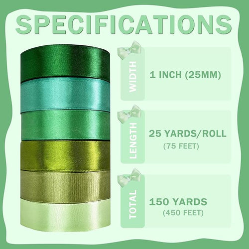 150 Yards Green Satin Ribbon 1 Inch 6 Rolls Assortment Ribbons for Crafts Gift Wrapping Flower Bouquet Wedding Invitations Birthday Party Festival Decoration Hair Bows