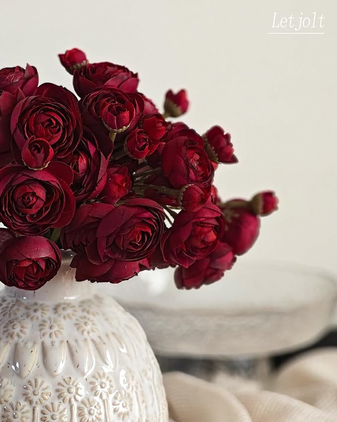 Letjolt Ranunculus Artificial Flower 18 Pcs Red Silk Ranunculus Wedding Bouquet Engagement Centerpieces Arrangements Bridal Shower Decorations Home Decor, Dark Red