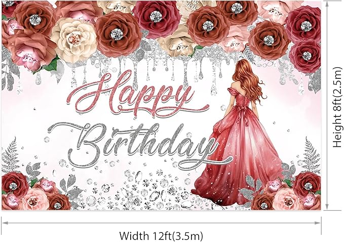 AOFOTO Happy Birthday Backdrop Red Beige Pink Rose Floral Diamond Print Photography Background for Women Girls Birthday Party Banner Home Wall Decor Photo Studio Booth Props 12x8ft