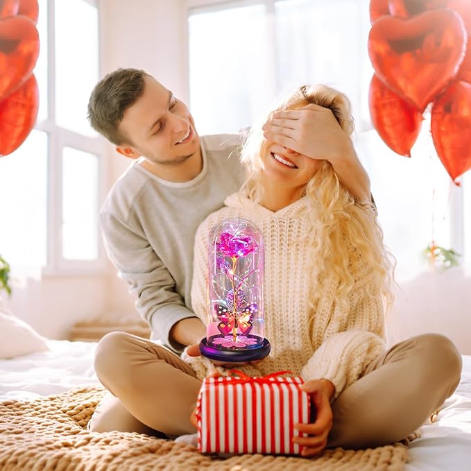 Pusuny Christmas Rose Gifts for Women Birthday Gift Galaxy Glass Rose Forever Eternal Crystal Flower Light Up Roses in Glass Dome with Butterfly Xmas Gifts for Women Mom Grandma Wife Her Sister Pink