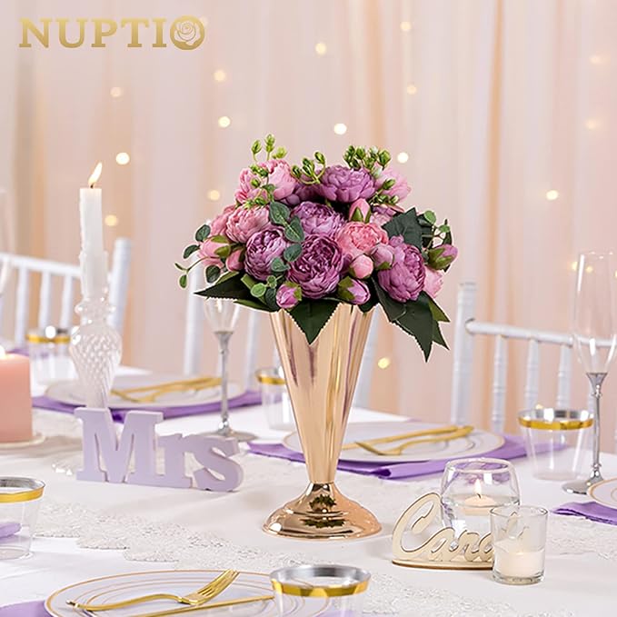 10 Pcs Tabletop Metal Wedding Flower Trumpet Vase, 9.8 inch Table Decorative Centerpiece Artificial Flower Arrangements for Anniversary Ceremony Party Birthday Event Aisle Home Decoration, Gold