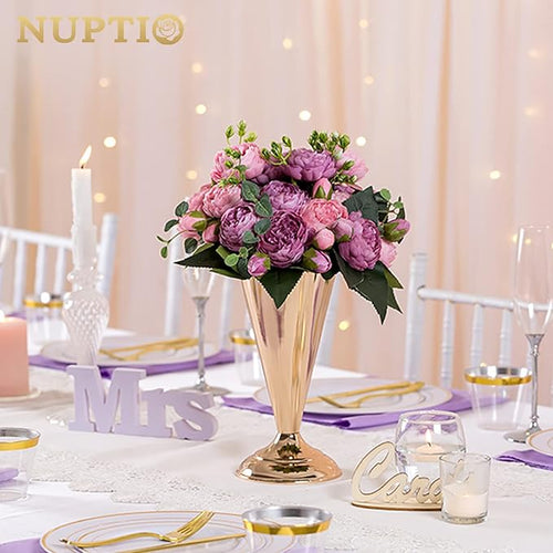 10 Pcs Tabletop Metal Wedding Flower Trumpet Vase, 9.8 inch Table Decorative Centerpiece Artificial Flower Arrangements for Anniversary Ceremony Party Birthday Event Aisle Home Decoration, Gold