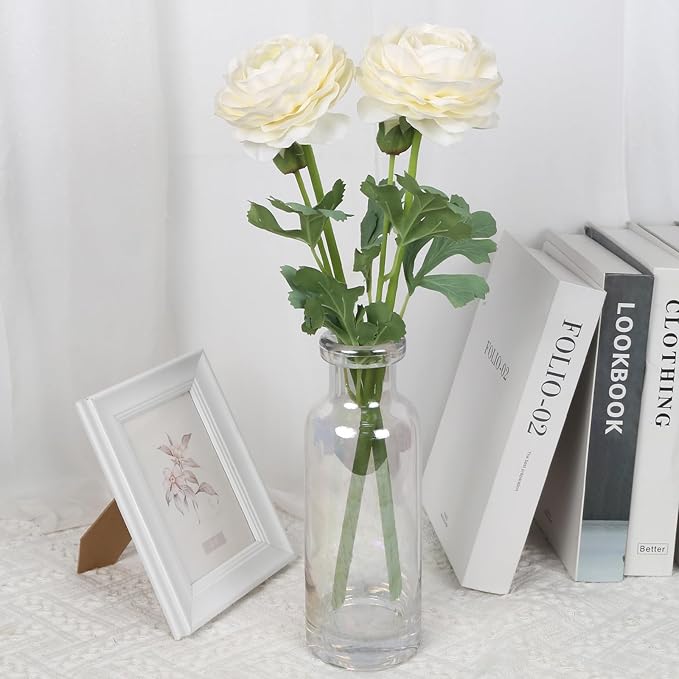 White Ranunculus Artificial Flowers 6PCS Real Touch Faux Ranunculus Flowers for DIY Wedding Bouquet Party Table Home Decor(White)