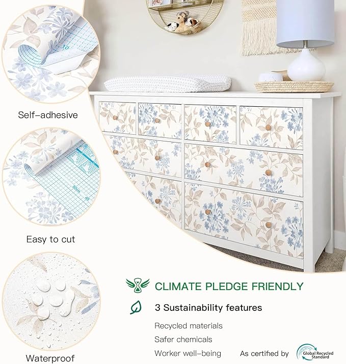 Heroad 17.3''x32.8ft Boho Floral Wallpaper Blue/Beige Peel and Stick Wallpaper Neutral Leaf Contact Paper Removable Self Adhesive Wall Paper for Cabinet Bedroom Bathroom Waterproof Decor Vinyl Roll