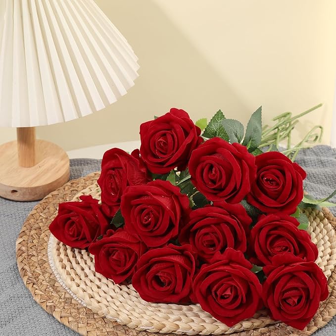 12Pcs Red Roses Artificial Flowers Fake Roses Faux Velvet Silk Flower for Home Wedding Decoration (Pearl Rose, Red)
