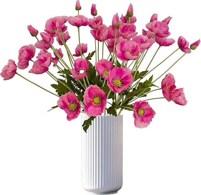 ATFL Hot Pink Poppy Flowers Artificial for Wedding Decorations,12 Pcs Fake Faux Silk Poppies Bulk for Home Decor Table Centerpieces Floral Arrangement (23.5‘’, Hot Pink)