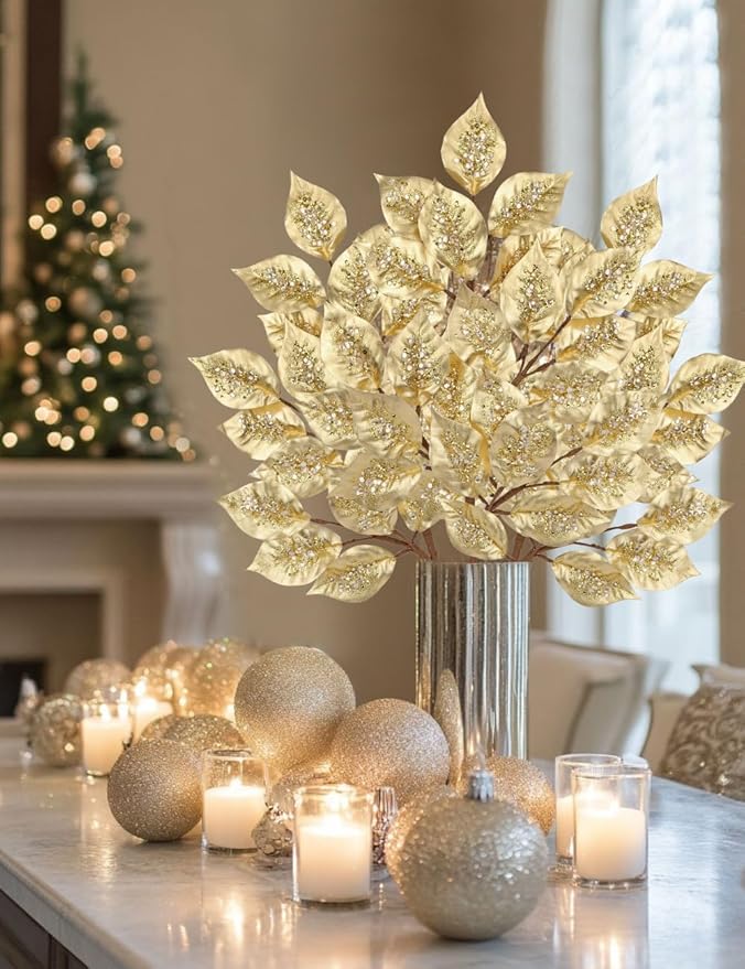 Christmas Tree Picks and Sprays 31.5" Gold Atrificial Elm Leaves with Stems 3 Pcs Christmas Picks for Tree Gold Vase Fillers Golden Leaf Decor for DIY Xmas Trees Centerpieces Wedding Bouquet Decor