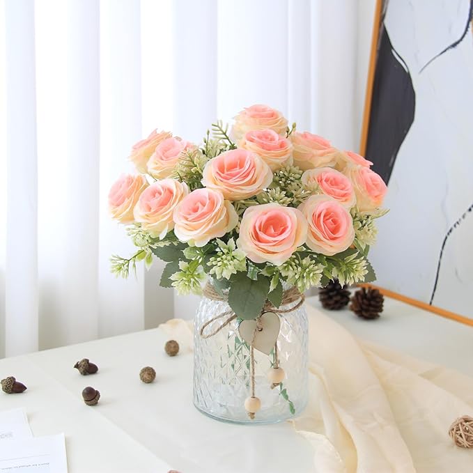 Fake Flowers in Vase,Fake Flowers with Vase 18 Pcs Faux Rose Flowers,Artificial Flowers for Home Decor, Indoor Centerpiece for Living Room & Dining Table (Pink)
