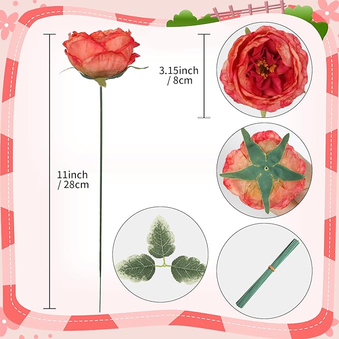 16pcs Peonies Artificial Flowers Head Red Austin Roses Vintage Burnt Flowers Silk Rose Head with Stems for DIY Flower Wedding Bouquets Centerpieces Home Decoration (Red)