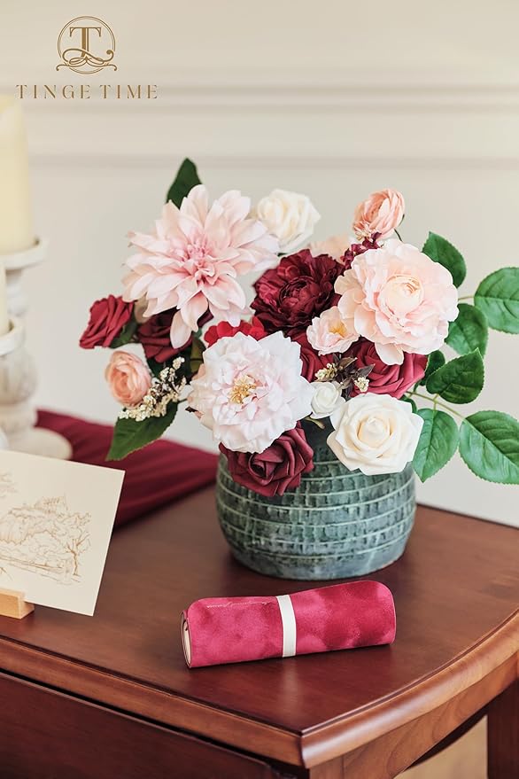 TINGE TIME Artificial Flowers Burgundy & Pink Flower Combo for DIY Wedding Bouquets Table Centerpieces Arrangements Party Baby Shower Home Decorations