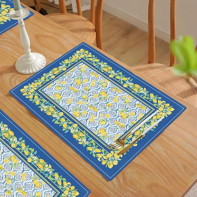 Lemon Placemats Set of 6, Farmhouse Blue Yellow Fruits Spring Summer Double-Sided Table Mats for Kitchen Dining Room Home Party Indoor Decor 6 PCS 12x18 Inch