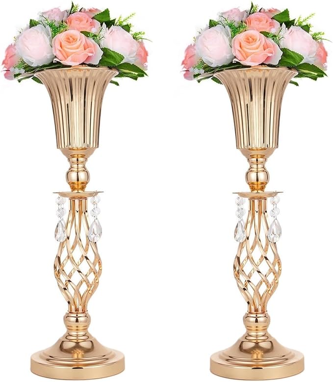 2 Pcs Beaded Crystal Gold Trumpet Vase, Elegant Metal Floral Centerpiece, Perfect for Wedding Banquets, Birthdays, Anniversaries, Holiday Parties and Other Important Event Centerpieces(20.2")