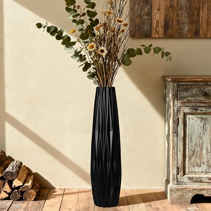 Tall Black Floor Vase – 24" Twisted Geometric Ceramic Vase for Modern Home, Living Room, Table Centerpiece or Corner Decoration
