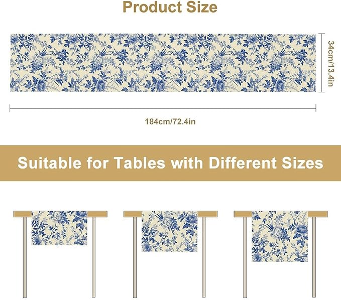 Vintage Blue Floral Table Runner, Retro Country Flowers Botanical Design Table Runner for Kitchen Dining Home Party Outdoor Indoor Decor, 13x70 Inch