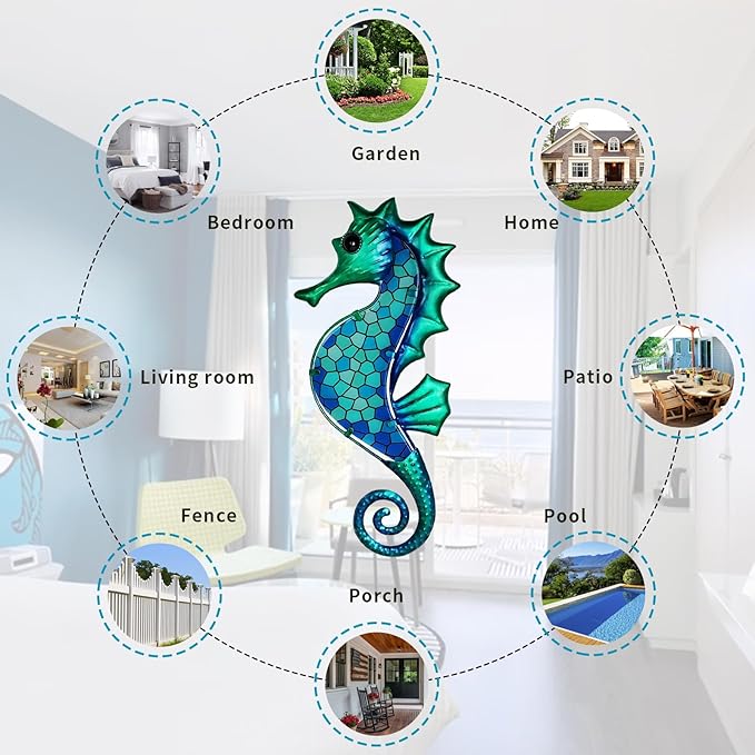 LIFFY Metal Seahorse Wall Art Mosaic Glass Ocean Wall Decor Coastal Sculpture Hanging Decoration for Home Garden Fence Pool Beach Bathroom