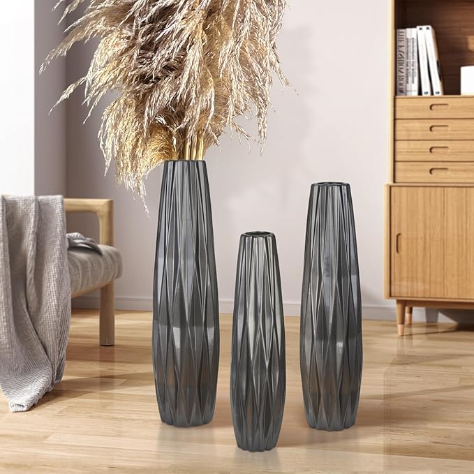 Silvery Ceramic Tall Floor Vase,17.7 Inch Large Modern Flower Vases for Home Décor,Wicker Big Floor Vases Decorations for Farmhouse, Living Room,Bedroom,Standing Plastic Vase Decorative Tall