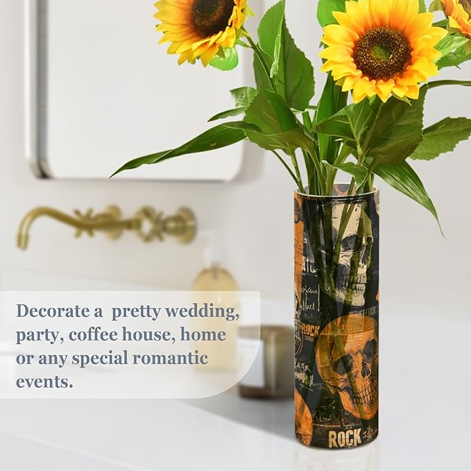 Flower Vase Clear Plastic Cylinder Vases Decor for Centerpieces Home Storage Office Weddings Vintage Orange and Grey Rock Skulls 11.8 x 3.9 in