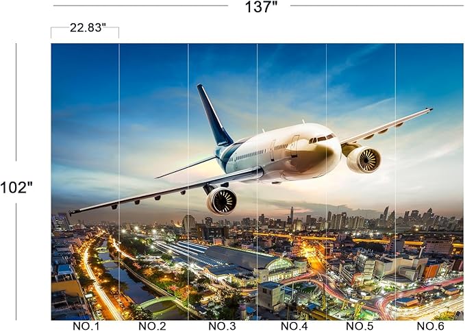 Cliouar-Airplane Flying Over The Night City Wall Mural Wallpaper Peel and Stick 137" x 102"