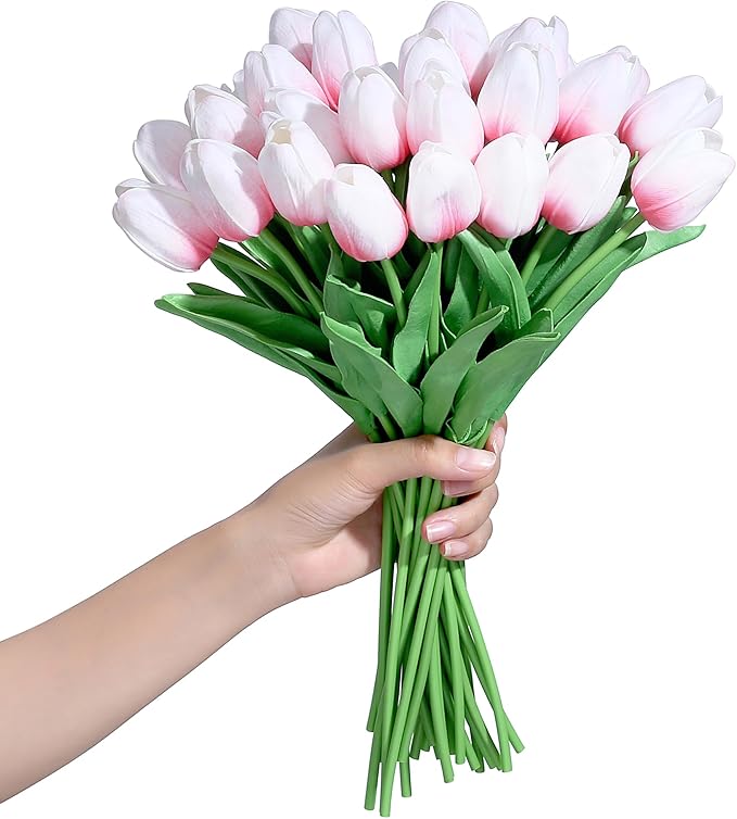 SITUMEIZI 15pcs Pink Tulips Fake Artificial Flowers Real Touch 14" Silk Flower for Home Decor Spring Easter Wedding Bouquet Decorations Gifts(Pink Base)