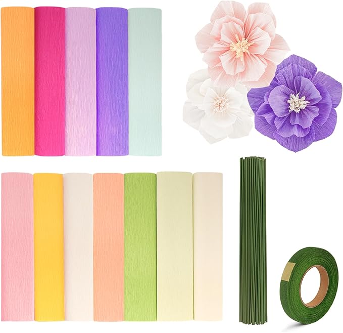 12 Colors Crepe Paper Rolls 10 x 98 Inch Crepe Paper Sheets Assorted Streamers with Floral Stem Wire and Green Floral Tapes DIY Flower Wrapping Paper for Birthday Party Wedding Festival Decoration