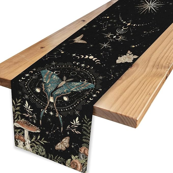 Gothic Moth Table Runner, Boho Gothic Sun Moon Phase Mystical Mushroom Floral Witchy Farmhouse Coffee Table Center Decor for Home Kitchen Dining Patio Holiday Party Table Decorations 13x36 inches