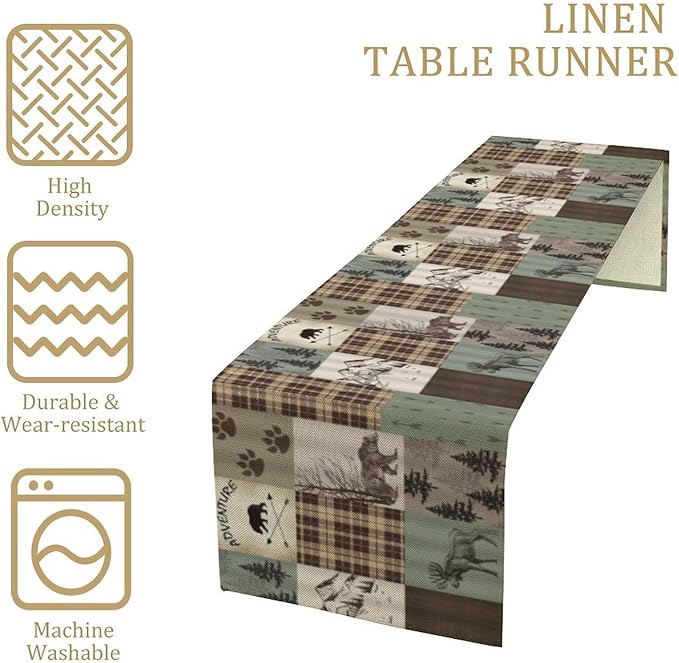 Rustic Moose Deer Bear Table Runner, Retro Vintage Bear Cottage Country Style Cabin Farmhouse Dinner Runner for Home Kitchen Dining Table Decoration 13"x36"