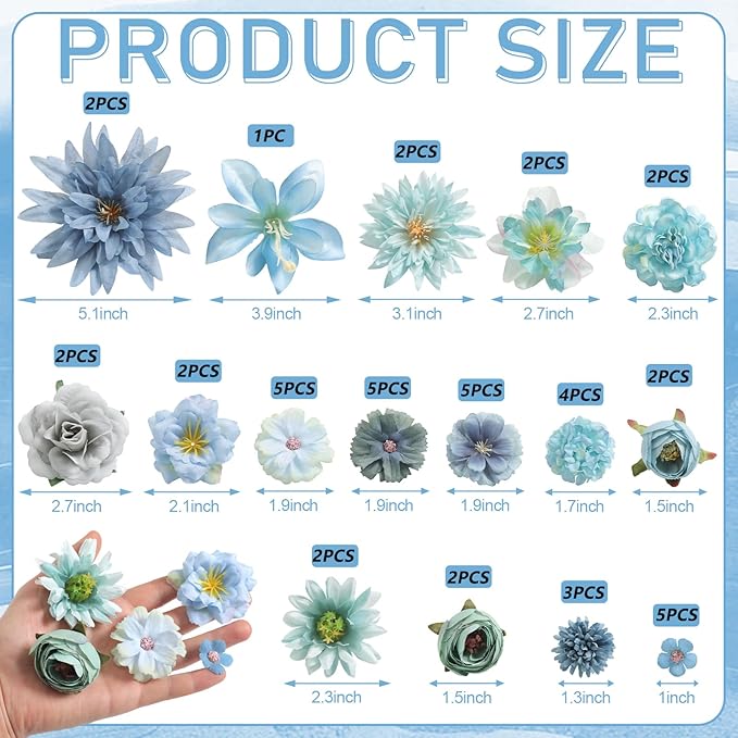 Artificial Flowers Heads Combo Blue Flowers Mix Silk Flowers Heads Bulk Faux Rose for Craft Garland Graduation Cap Wedding Bridal Baby Shower Home Party Decoration DIY Cake Decor