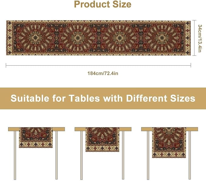 Boho Paisley Table Runner, Classic Traditional Red Gold Mandala Vintage Farmhouse Decor Table Runner for Kitchen Dining Festive Holiday Party Wedding Gathrting, 13x60 Inch
